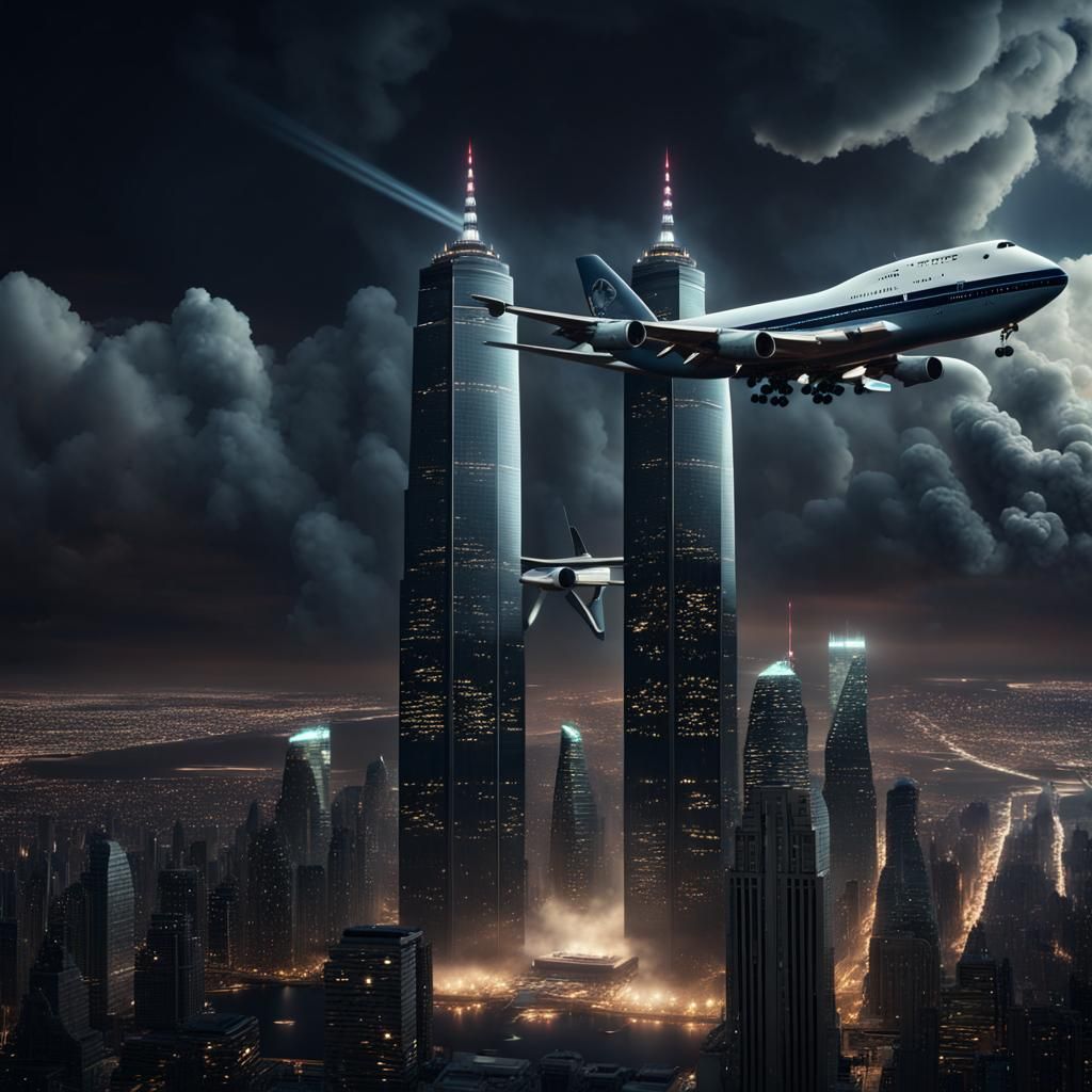Dramatic Night Skyline of Twin Towers with Plane