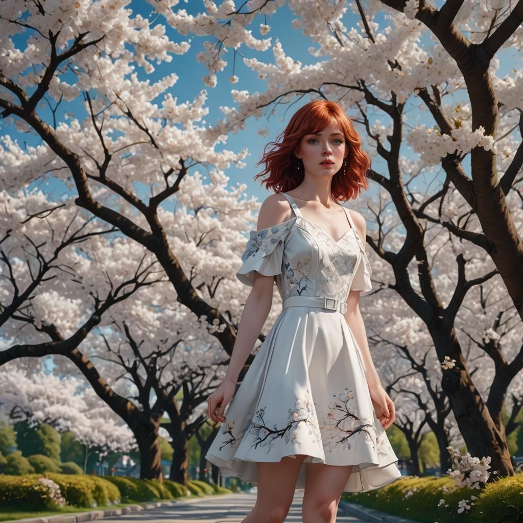 Woman in White Dress Among Cherry Blossoms