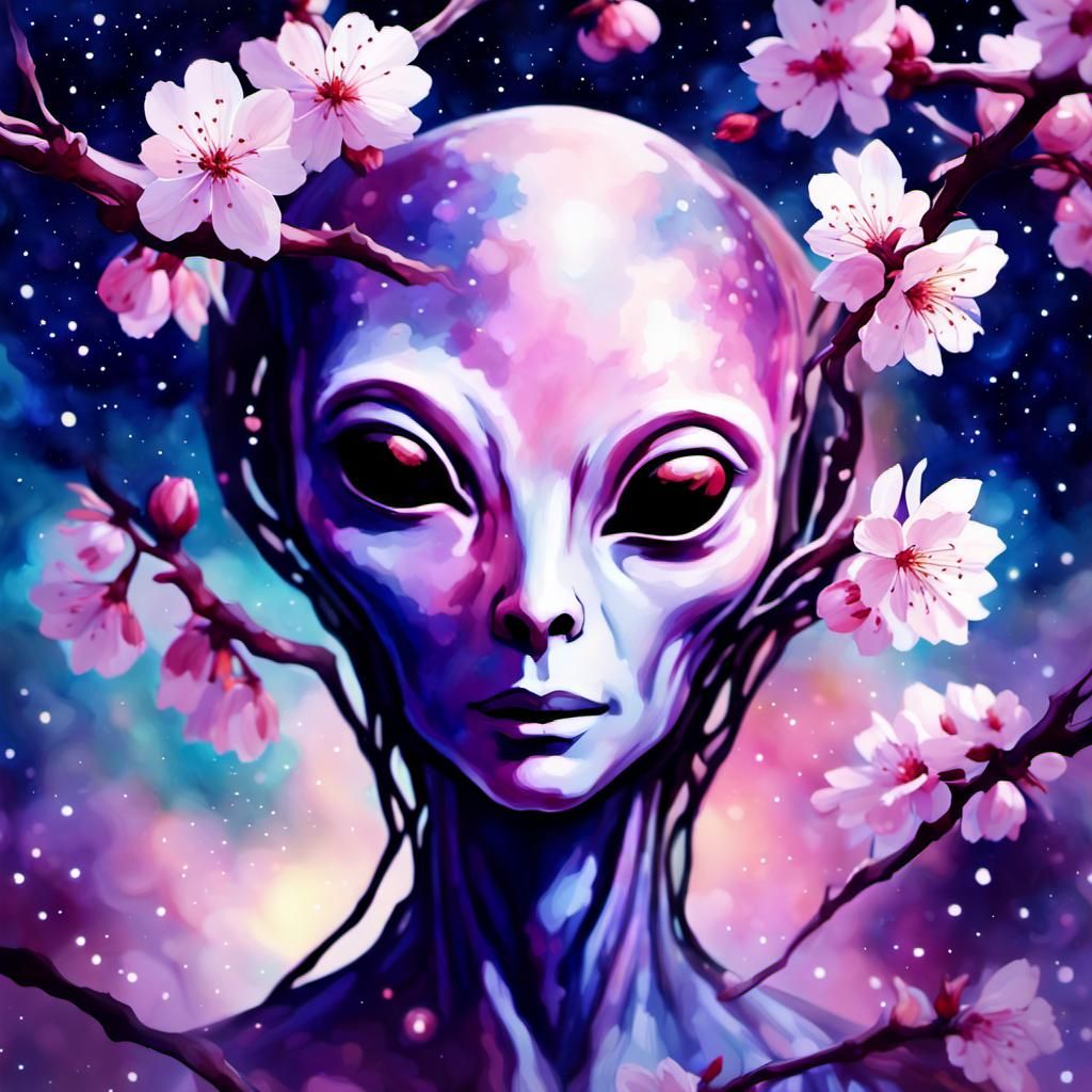Surreal Alien Face Surrounded by Cherry Blossoms