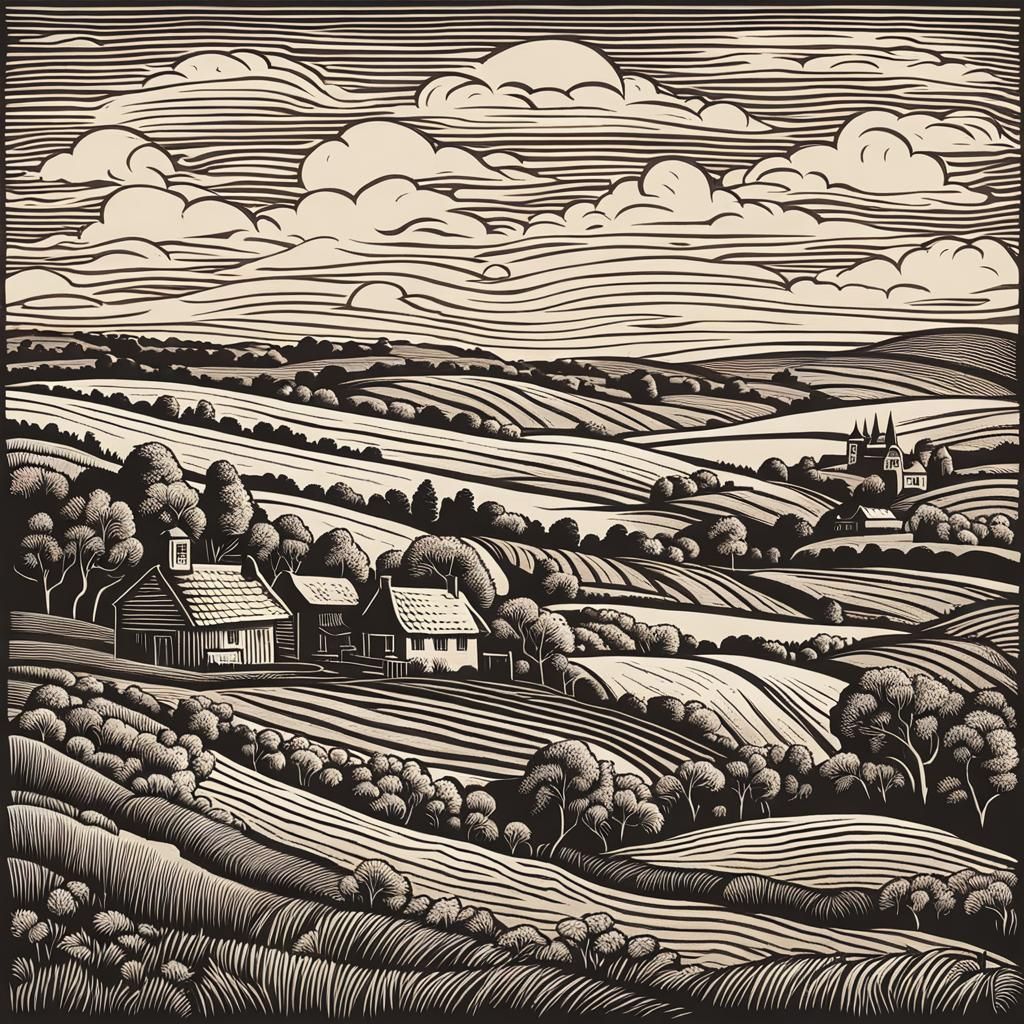 Woodcut Landscape of Rolling Countryside Village