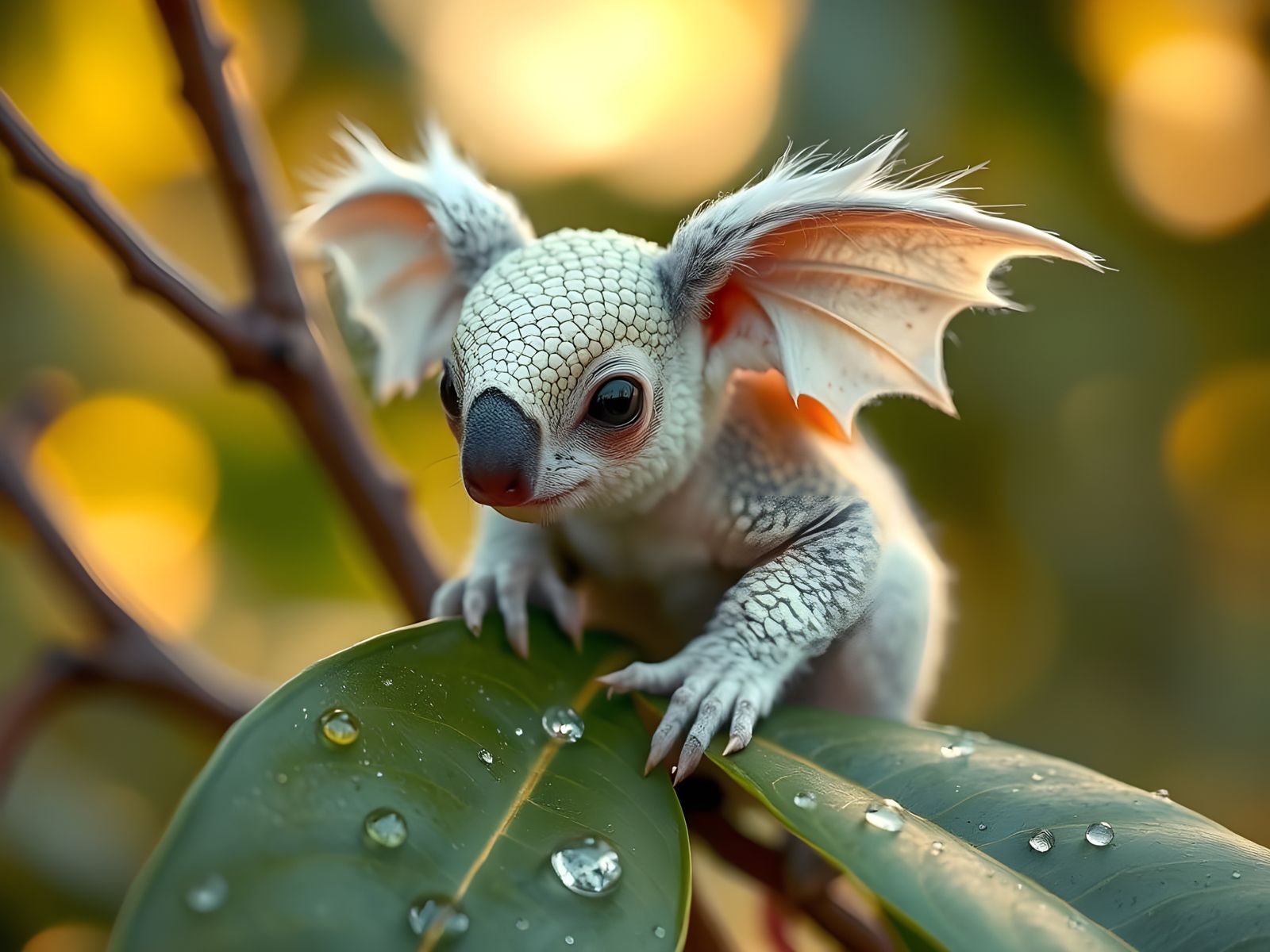 A Tiny Dragon-Koala Perches on a Eucalyptus Leaf