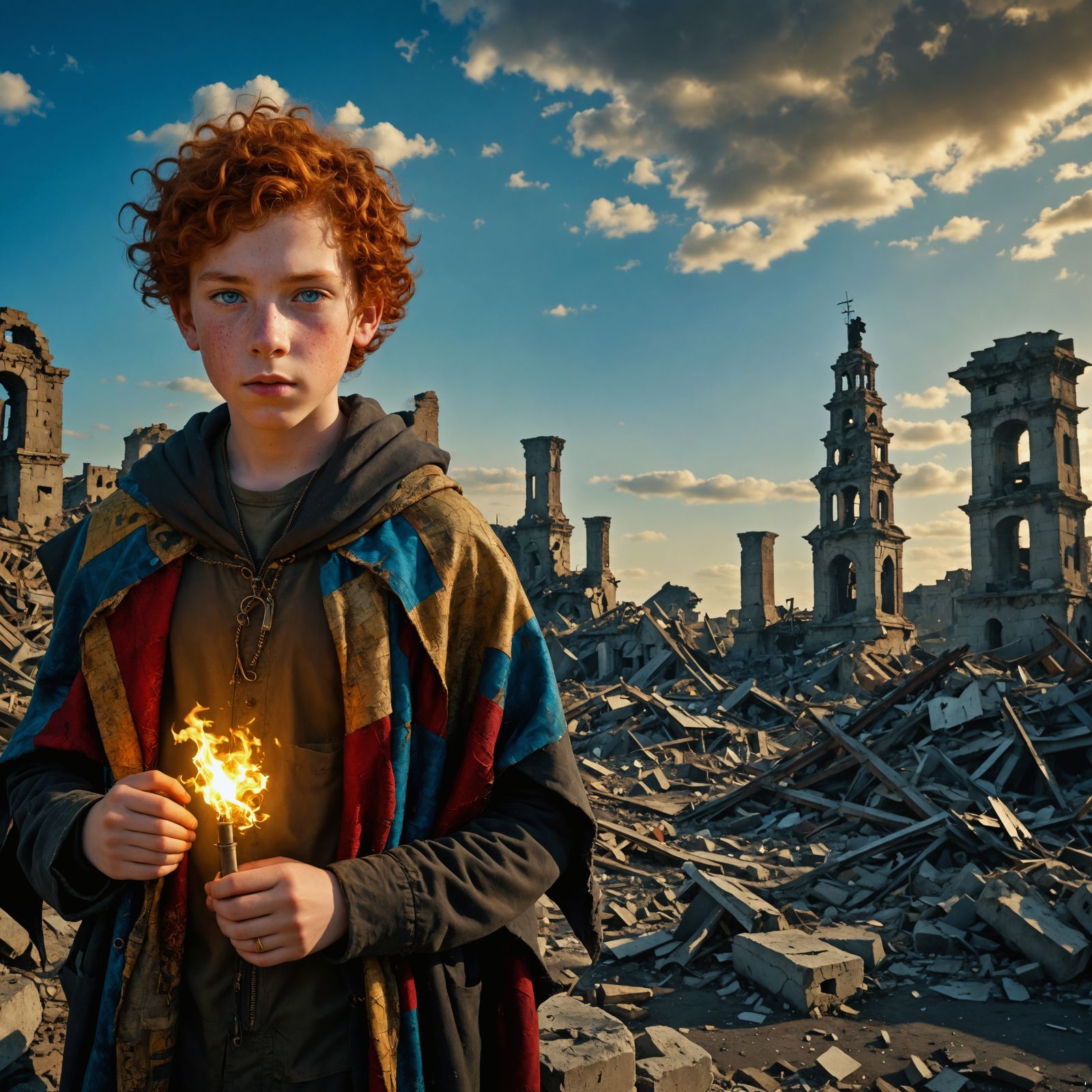 Boy in Post-Apocalyptic Ruins Under Twin Moons