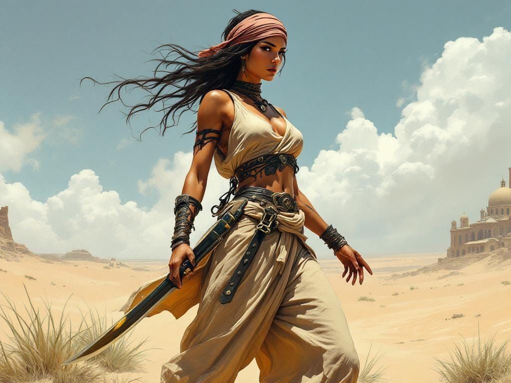 Barbarian Warrior Woman in Desert, Hyper-Realistic Illustrat...