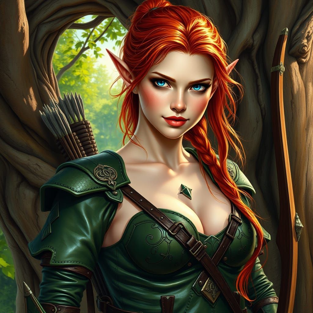 Classical Fantasy Elf Maiden in Green Leather Armor