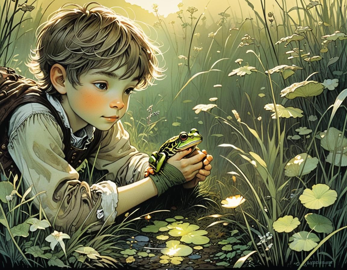 Boy and Frog in Shimmering Light, Fantasy Illustration