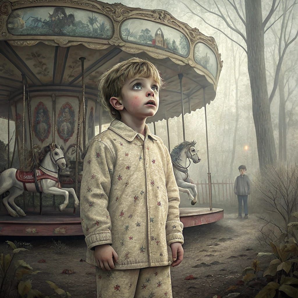 A young boy in vintage pajamas stands in the middle of now w...