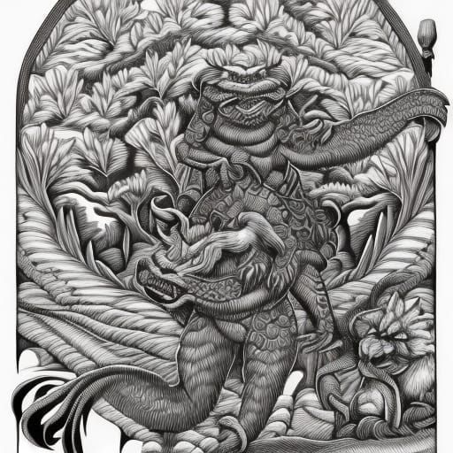 Monkey Crocodile Hybrid in Romantic Fantasy Art