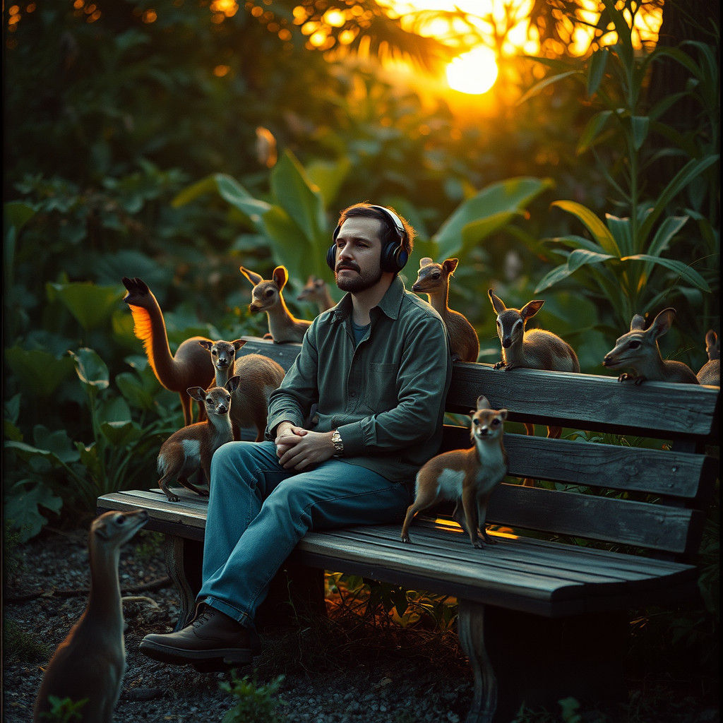 Man Listens to Music Surrounded by Animals