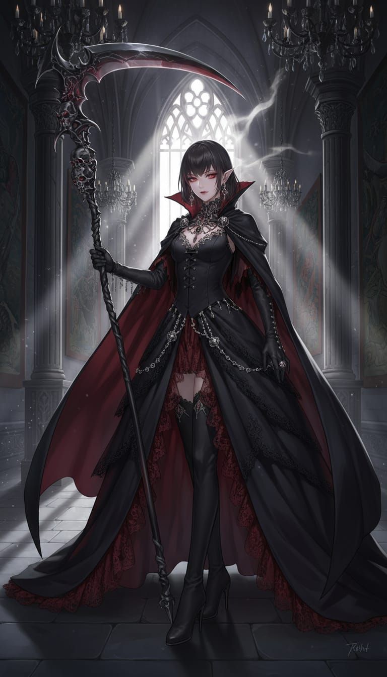 Anime Vampire with Scythe in Gothic Castle