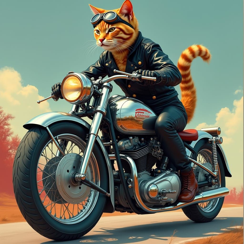 Fighting Cat Rides Chrome-Plated Wolfi Motorcycle in Hyper-R...
