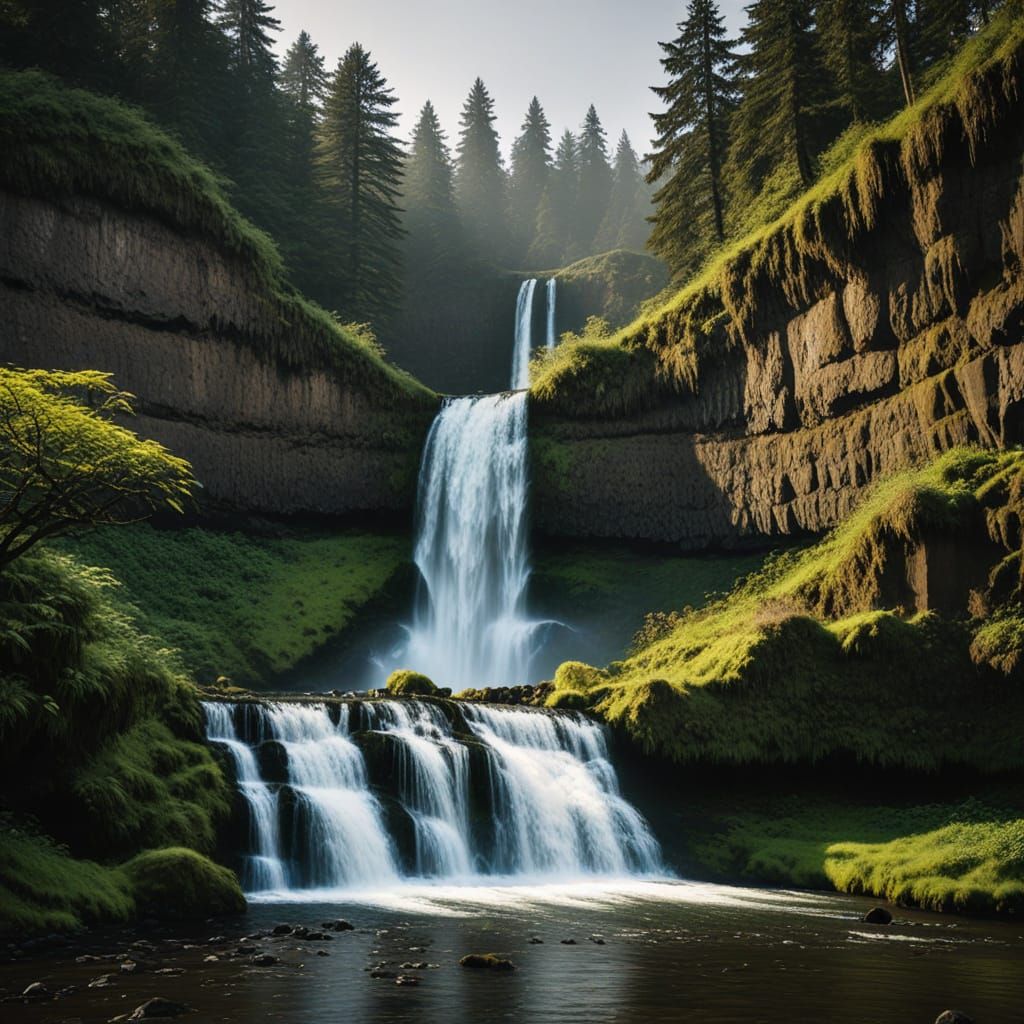 Oregon State Waterfall in Dramatic Landscape