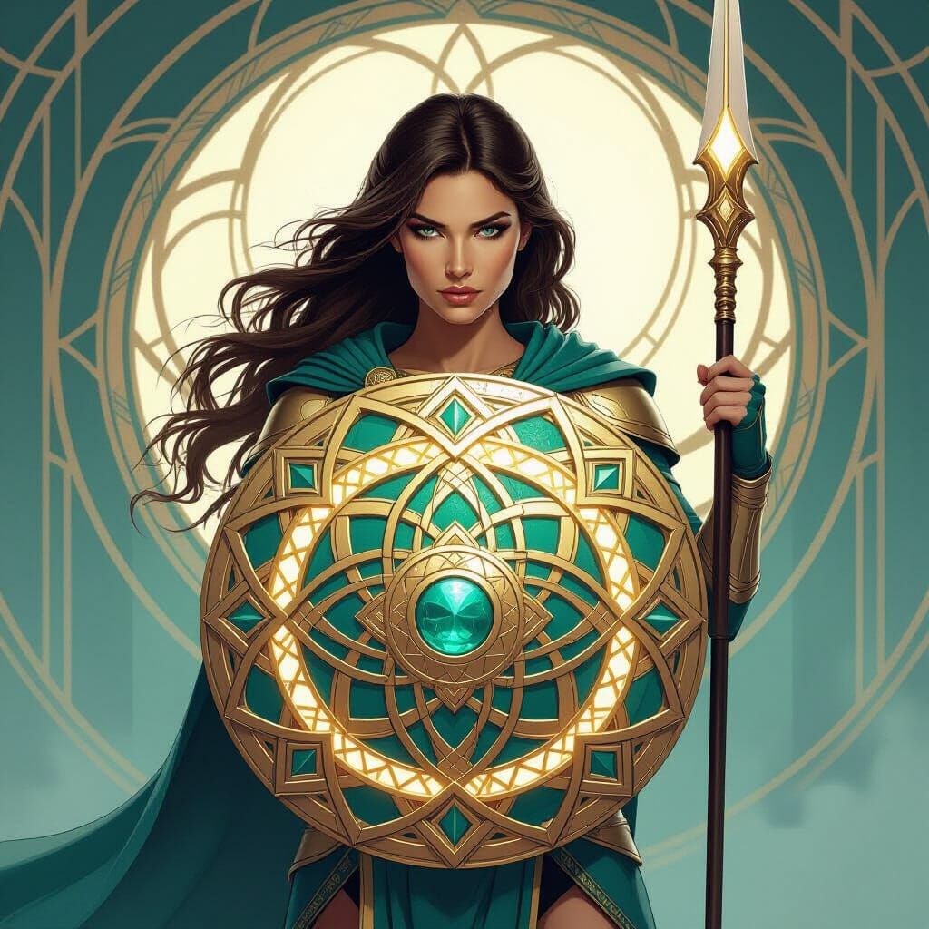 Mythic Warrior Woman of Strategy in Art Nouveau Futurism