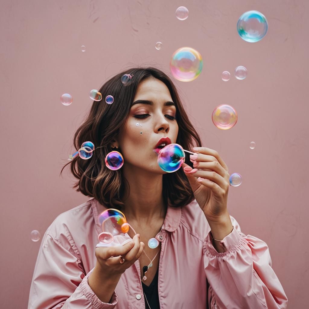 Woman Blowing Bubbles with Bubblegum