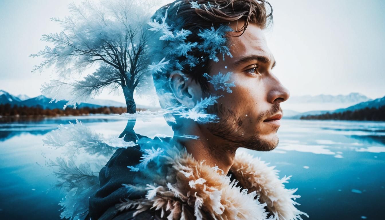 Hyperrealistic Double Exposure Portrait Over Frozen Lake