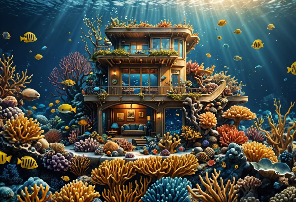 Underwater Home with Bioluminescent Sea Life