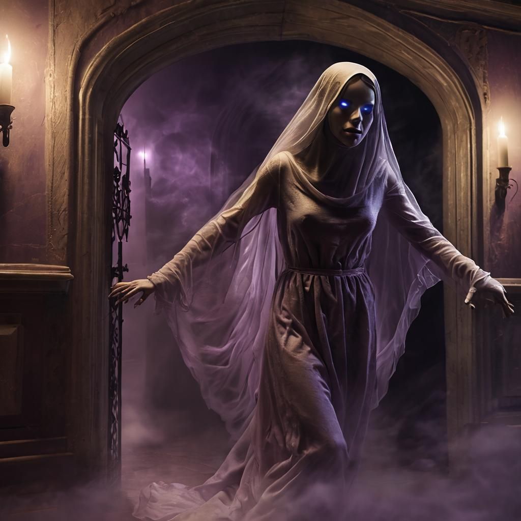 Ethereal Ghost Exits Manor in Surrealist Style
