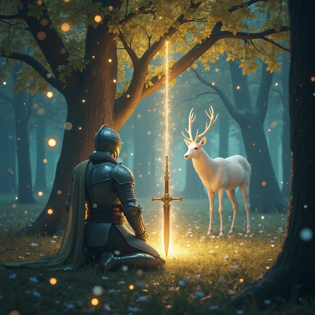 Epic Fantasy Landscape with Noble Knight and Ethereal Creatu...