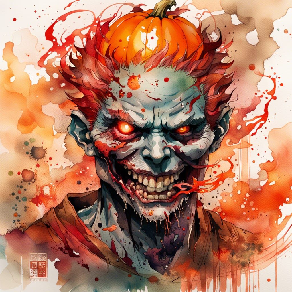 Pumpkin-Headed Zombie Portrait in Watercolor Manga Style