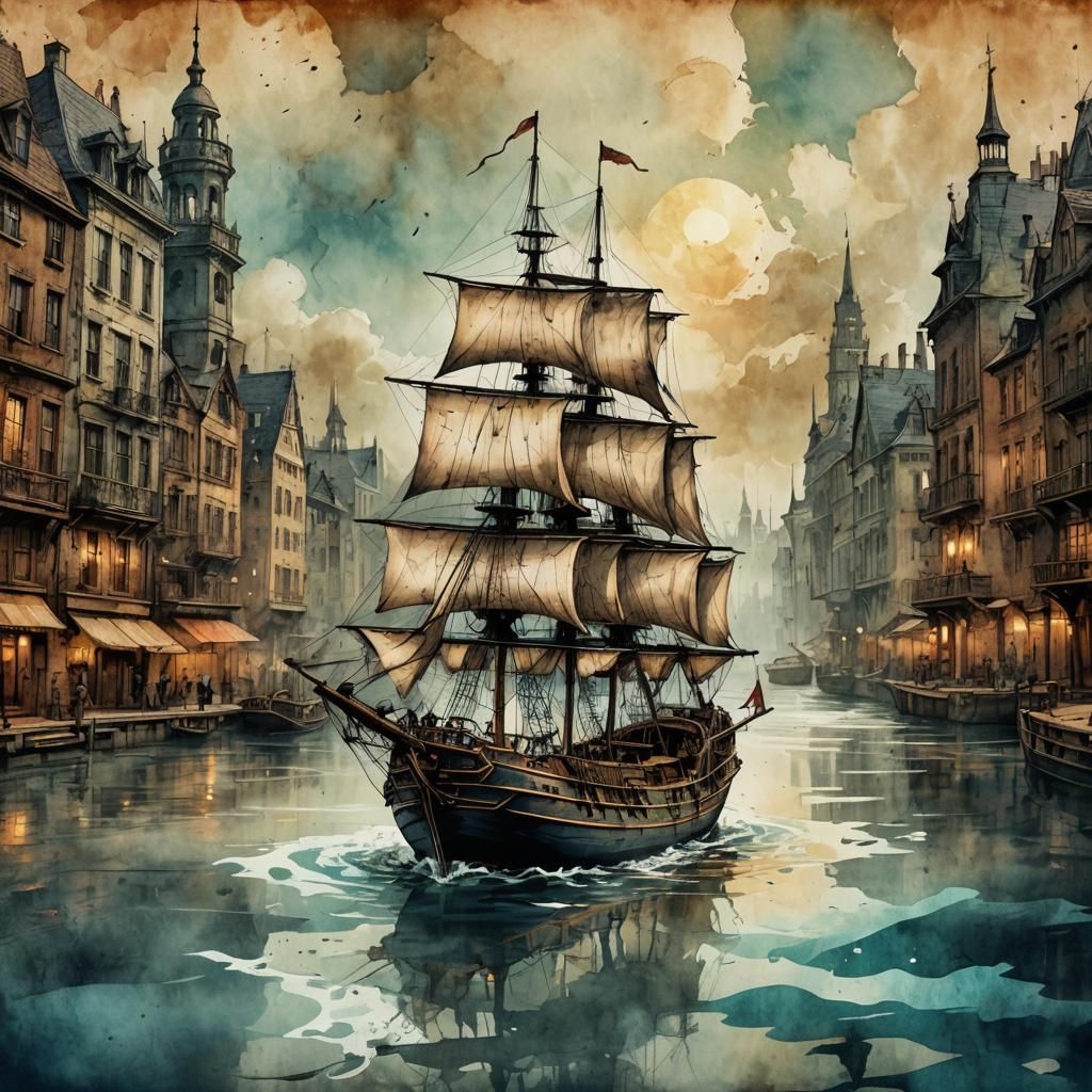 Steampunk Sailboat in Ink Painting Style