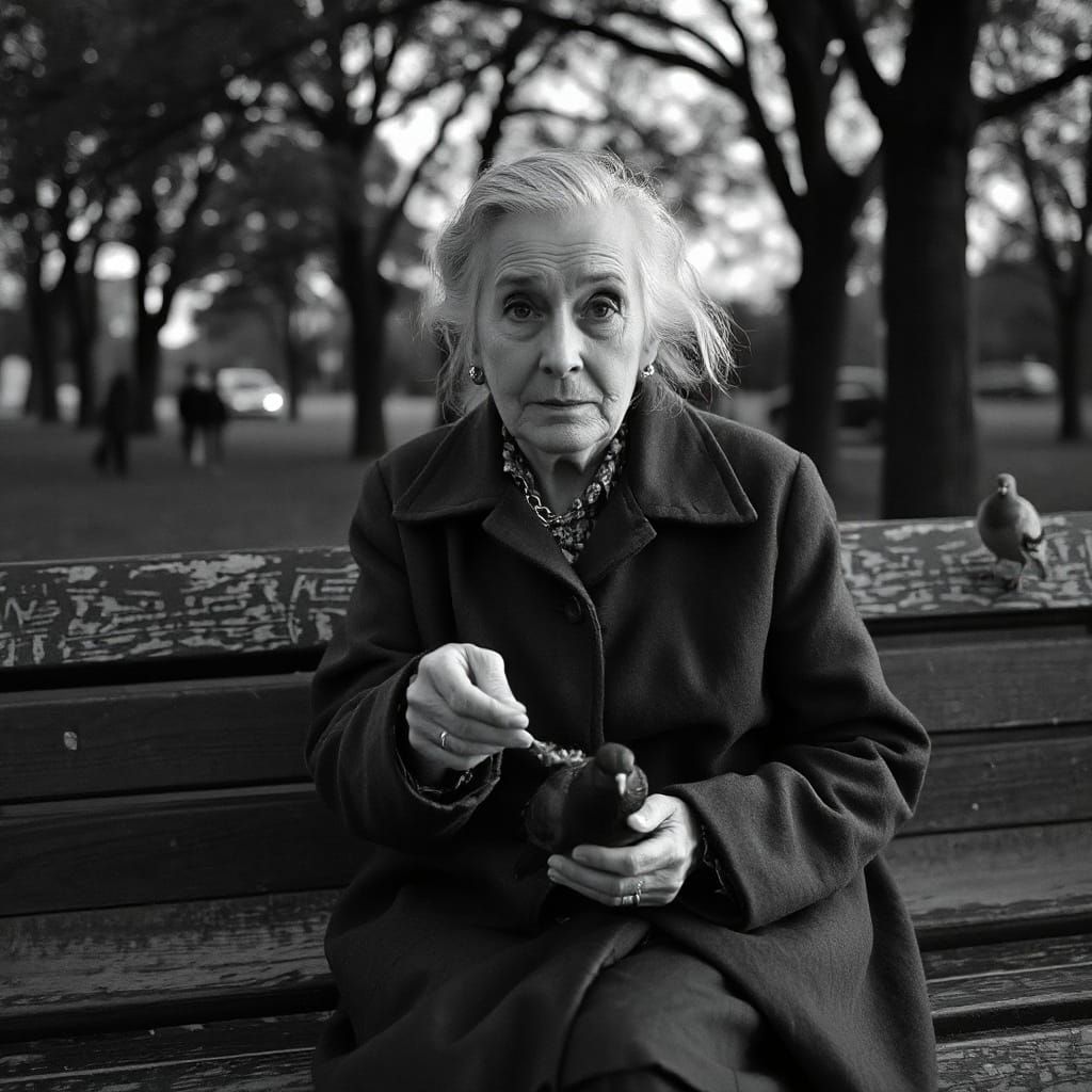Elderly Woman Feeding Pigeons: Nostalgic Black and White Pho...