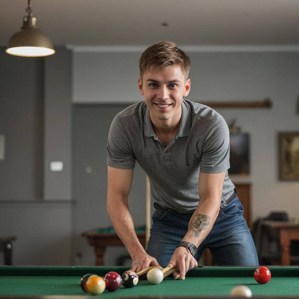 Young Man Aiming Cue Ball in Night Bar