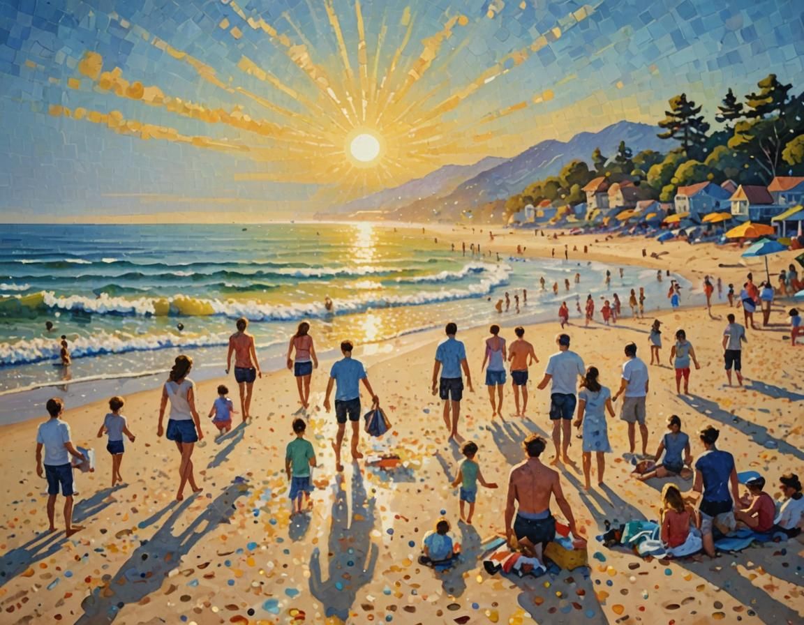 Sun-Kissed Beach Painting in Pointillist Style
