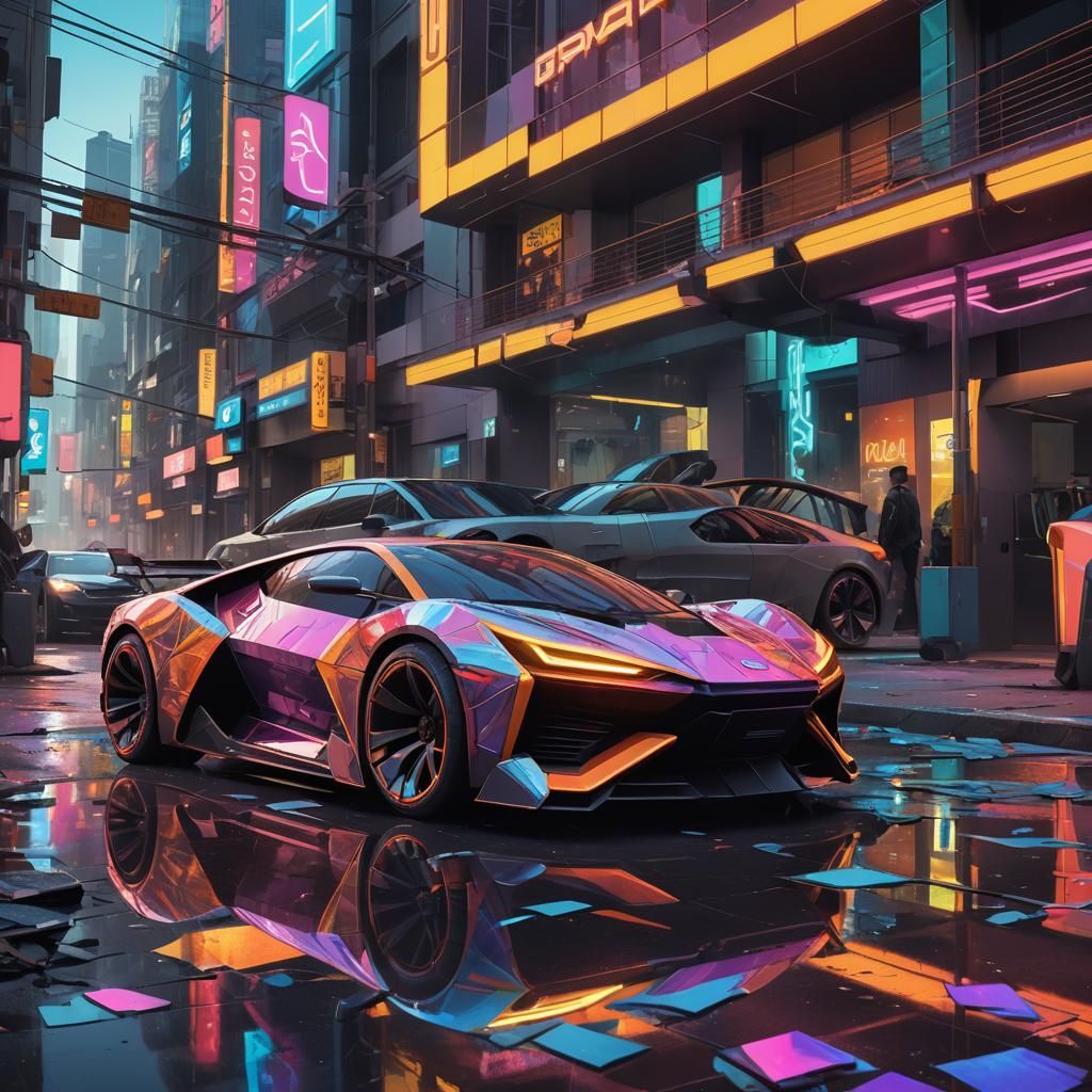 Neon Gaming Car in Fragmented Mirror Art