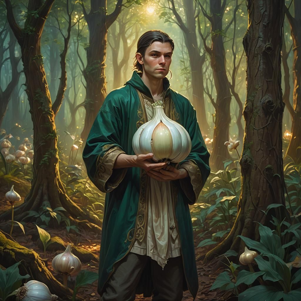 Mystical Garlic Lover in Emerald Forest, Oil Painting