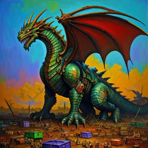 Apocalyptic Junkyard Dragon in Expressionist Oil Painting