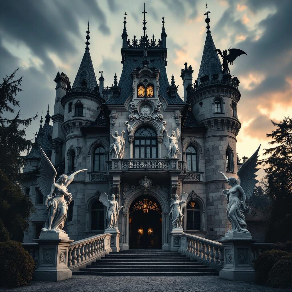 Ancient Gothic Castle with Demonic Statues in Golden Hour Li...