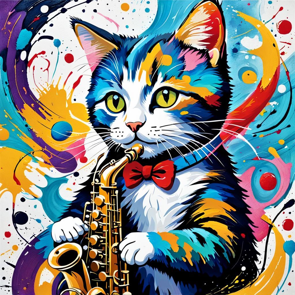 Cat playing in the saxofon
