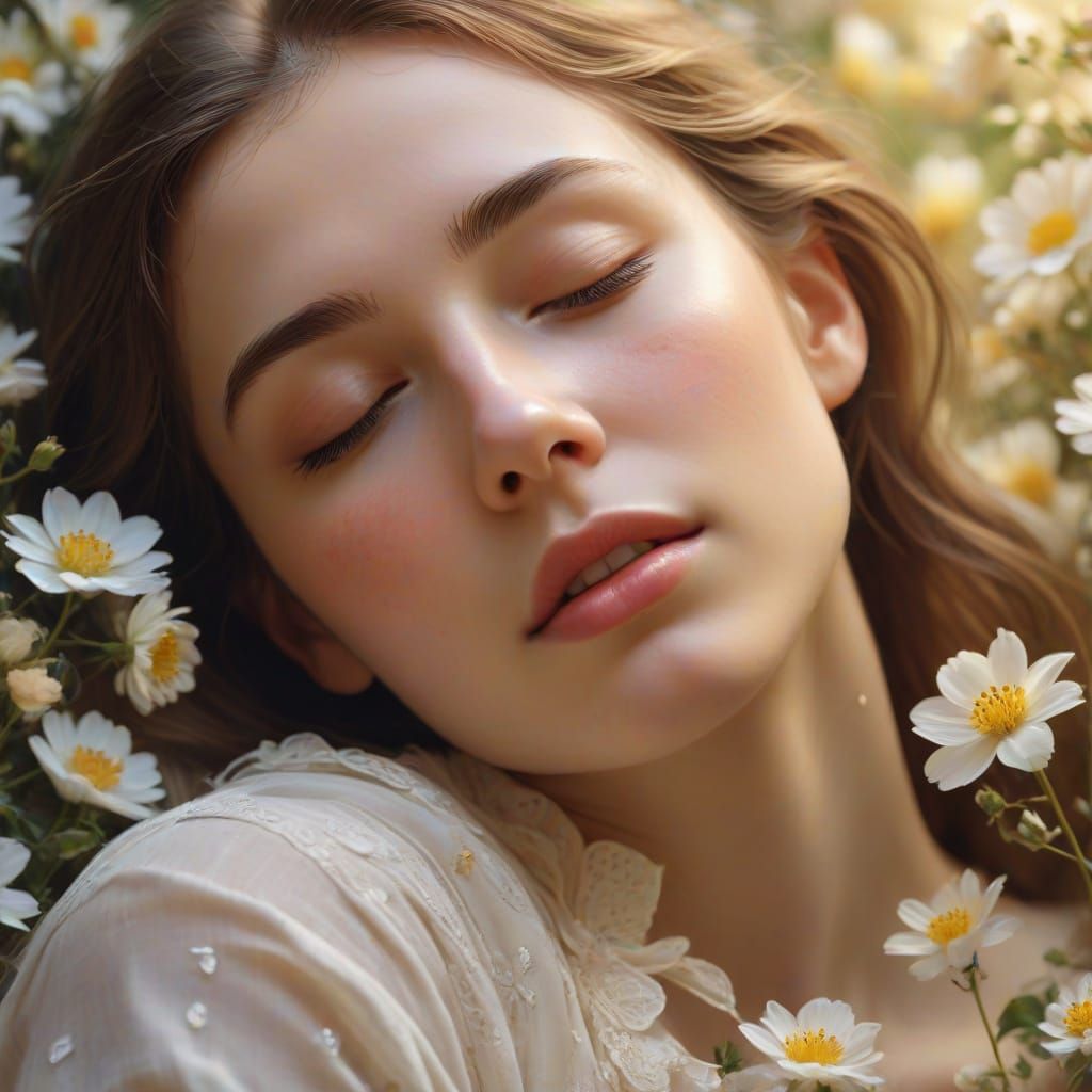 Gentle Woman Surrounded by Delicate Blooms in Soft Impressio...