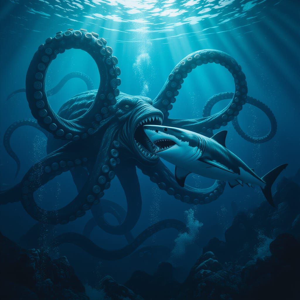 Kraken Battles Great White Shark in Dark Underwater Fantasy