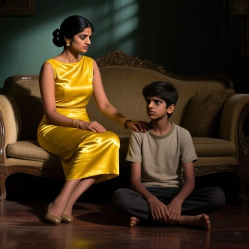 Photorealistic Indian Woman Admonishing Boy on Sofa