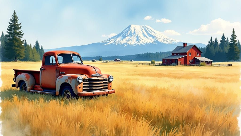 Impressionist Landscape with Rusted Truck and Mt. Rainier