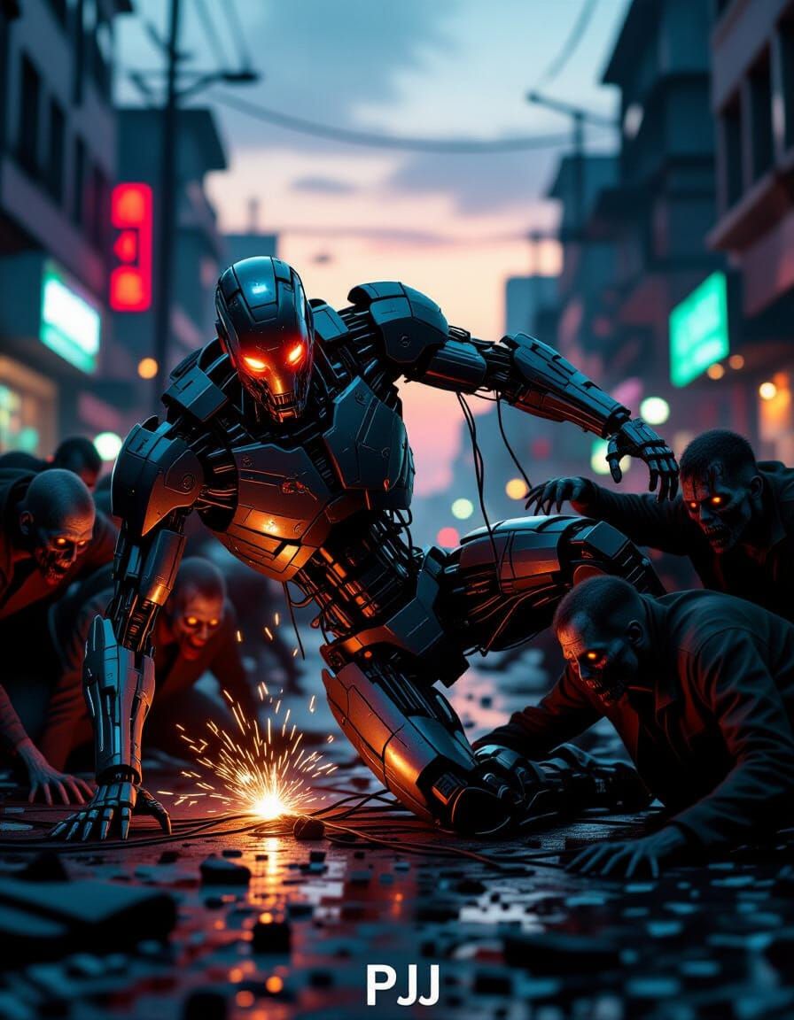 Cyborg Overwhelmed by Zombies in Gritty Sci-Fi Art