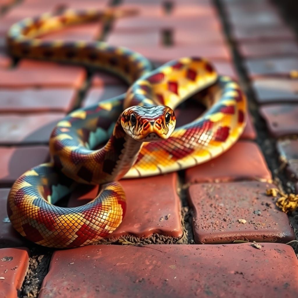 Majestic Colorful Snake on Brick Walkway