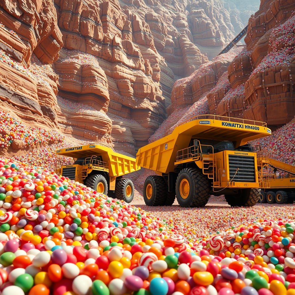 Giant Candy Quarry with Trucks in Cinematic Style