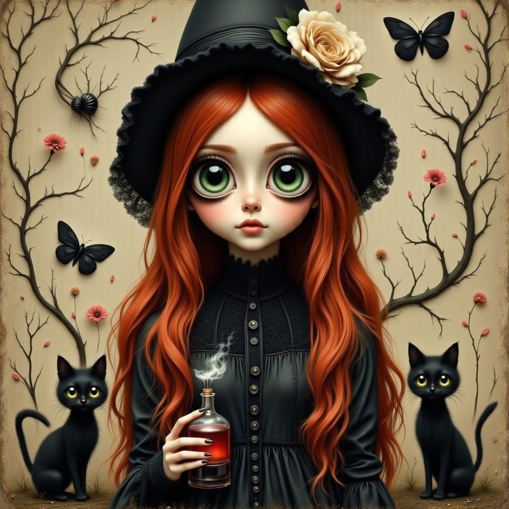 Whimsical Witch with Cat and Potion, Fairytale Art