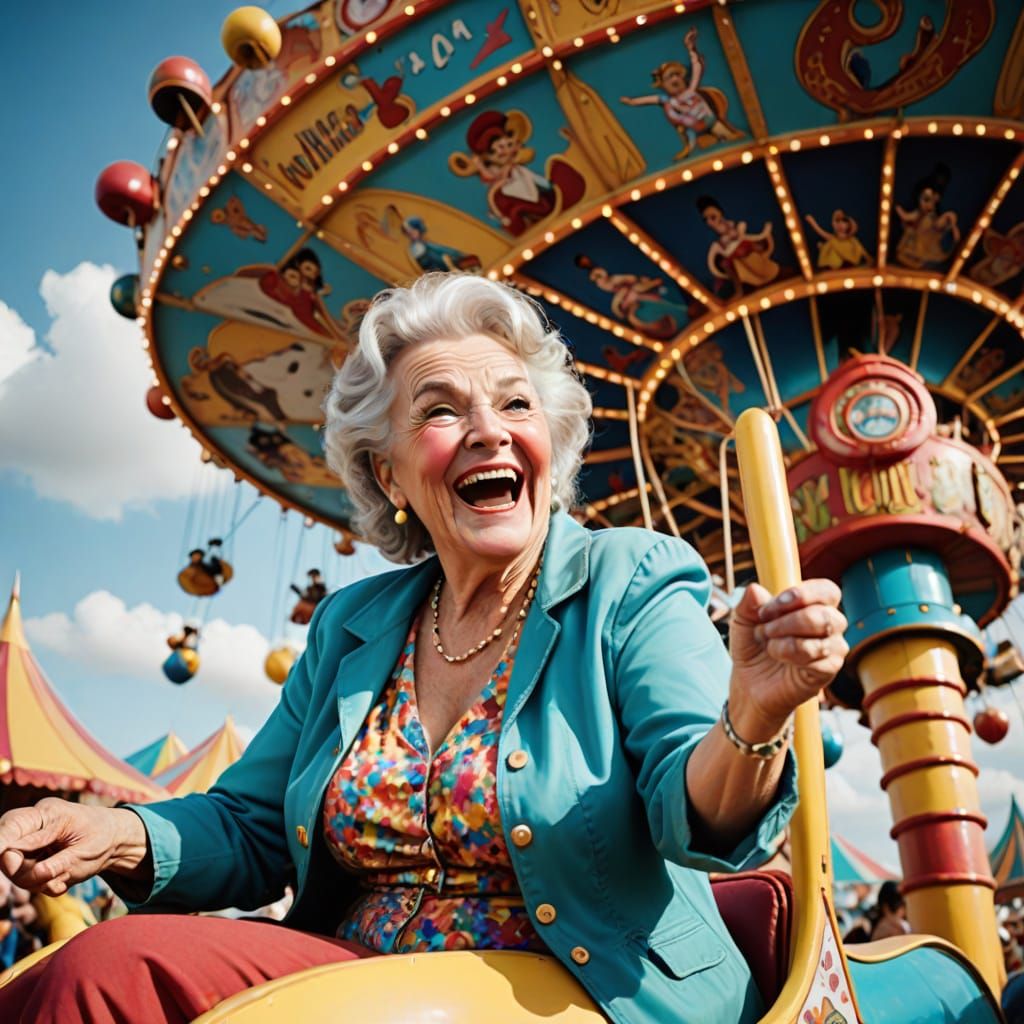 Whimsical Carnival Ride: An Older Woman's Joyful Adventure