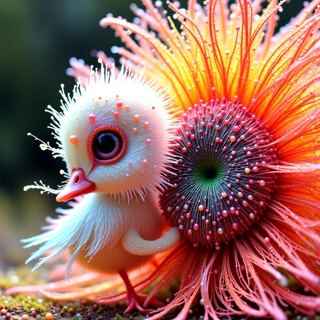 Rainbow Duckling Dances in Intricate Flower, Fantasy Art
