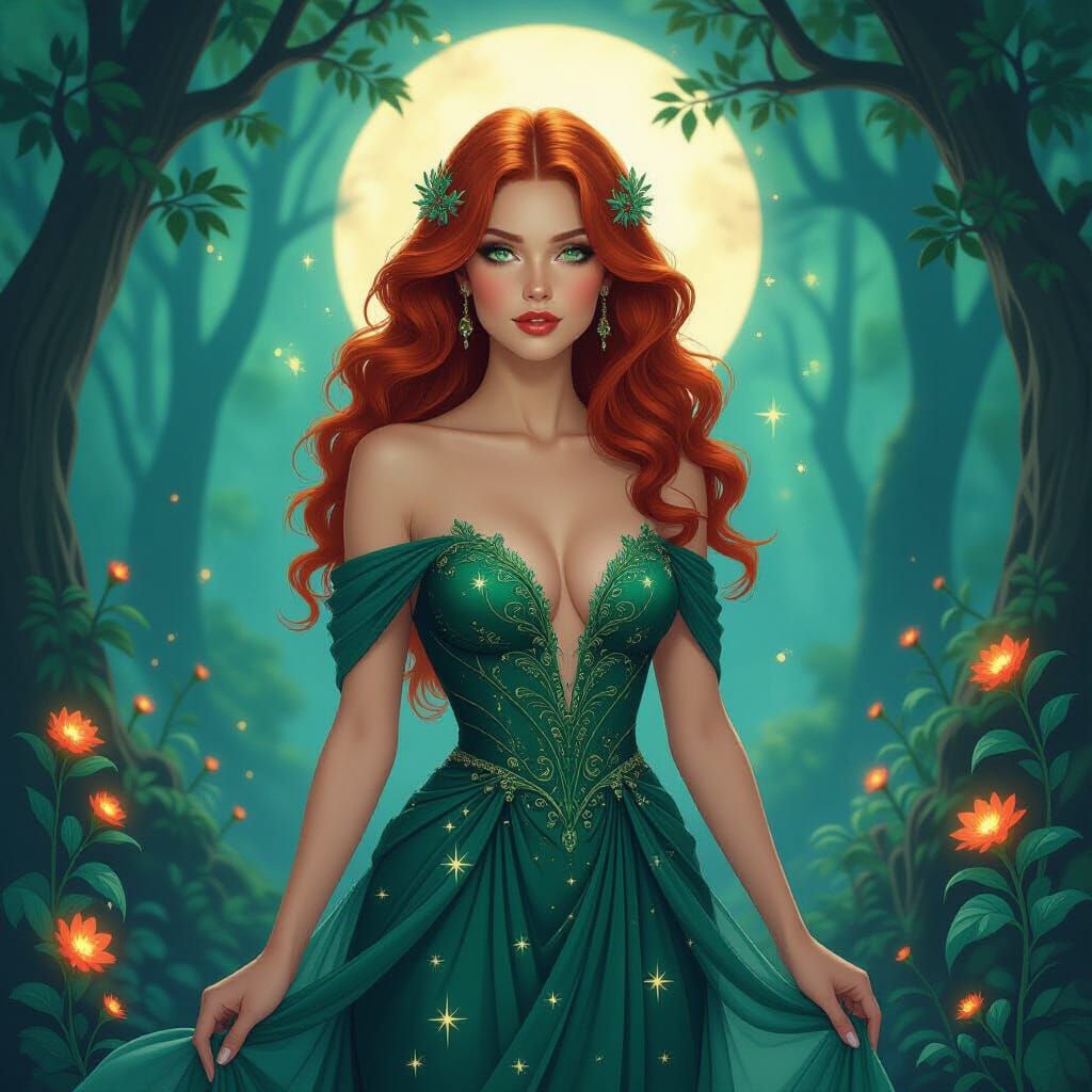 Mystical Forest Portrait: Woman with Fiery Hair, Art Nouveau