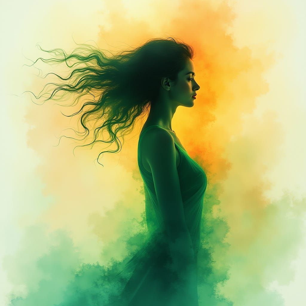 Ethereal Woman Silhouette in Neon Watercolor Style