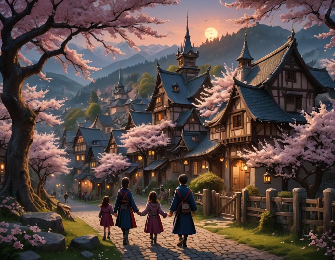 Cherry Blossom Valley: Intricate Fantasy Concept Art