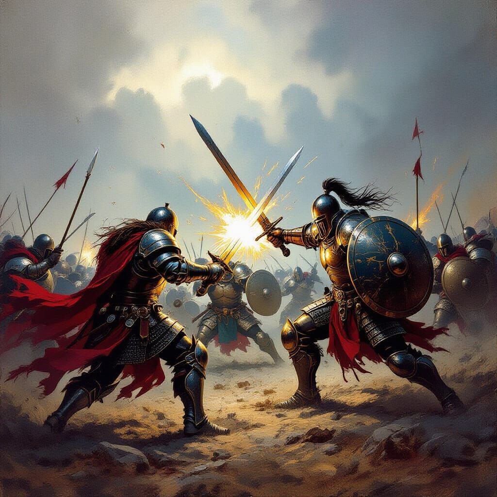 Medieval Battlefield Clash with Armored Warriors, Comic Book...