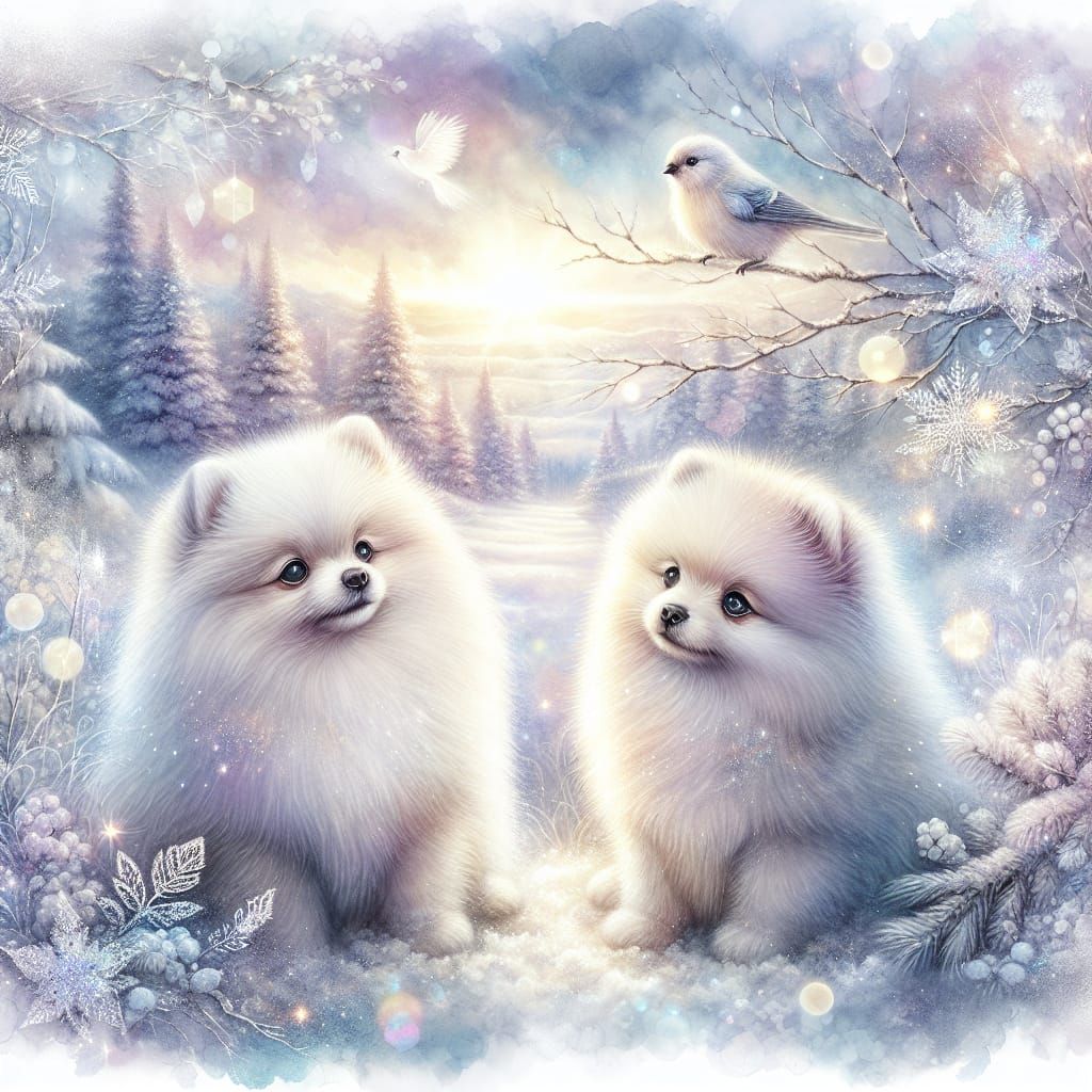 Pastel Winter Landscape with Attentive Pomeranian Spitz