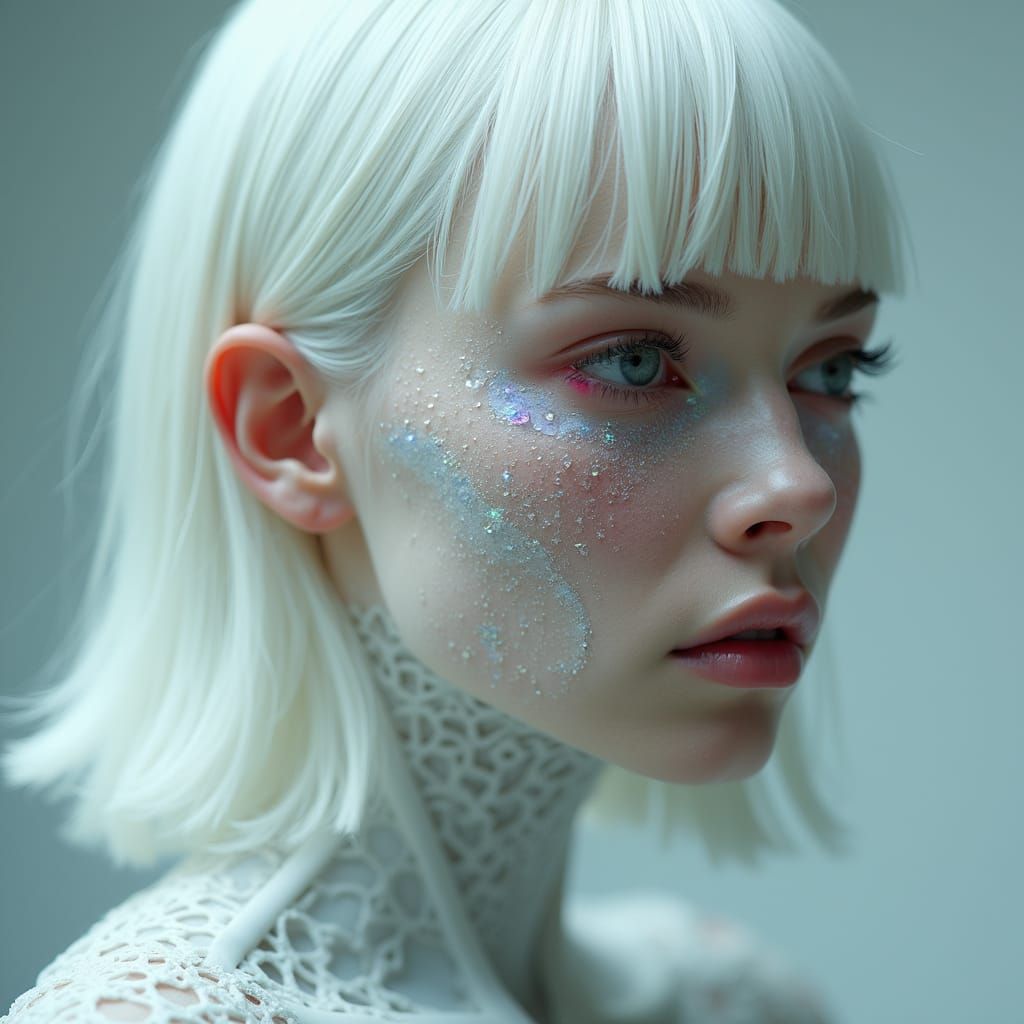 Ethereal Albino Figure with Crystal Tattoo in Hyper-Realisti...
