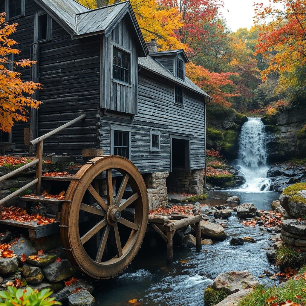 Autumn Water Mill in New England