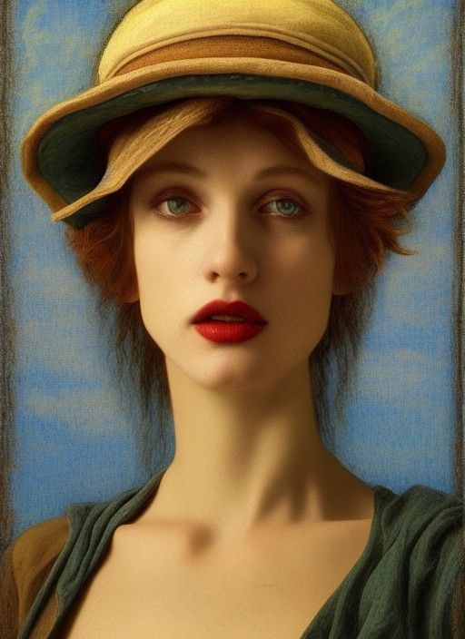 sweet monster with a hat and blue eyes pre-raphaelitism renaissance painting 8bit post-apocalyptic