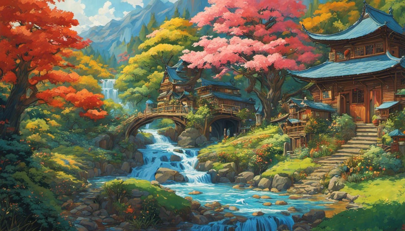 Ghibli Village with Dragon in Gouache Painting Style